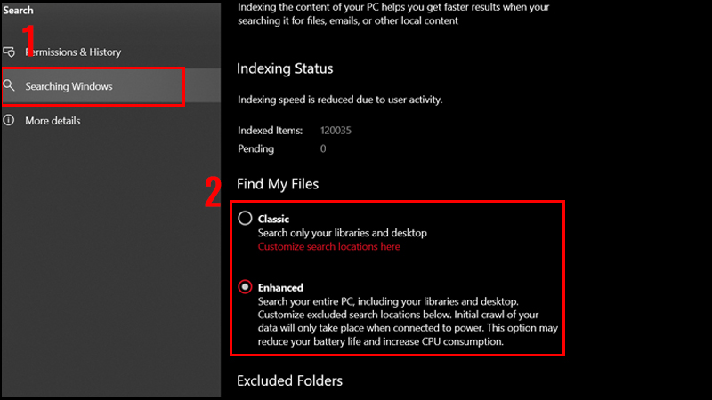 mẹo sử dụng windows 10 tắt tính tăng tìm kiếm nâng cao