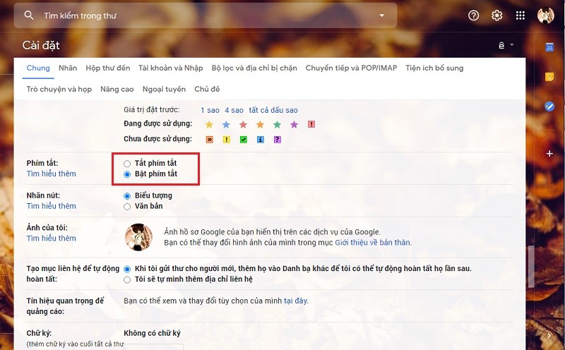 bật phím tắt trong Gmail