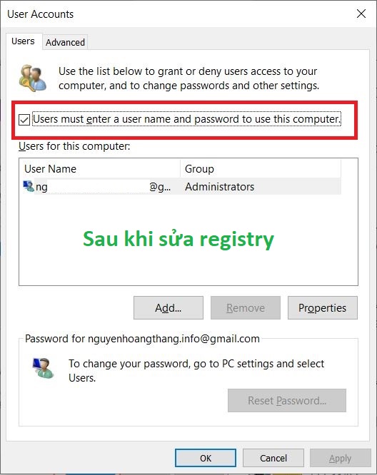 hộp kiểm User acounts 