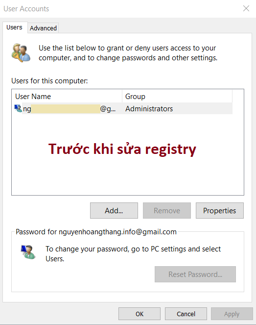 sửa lỗi mất hộp kiểm Users Must Enter Password
